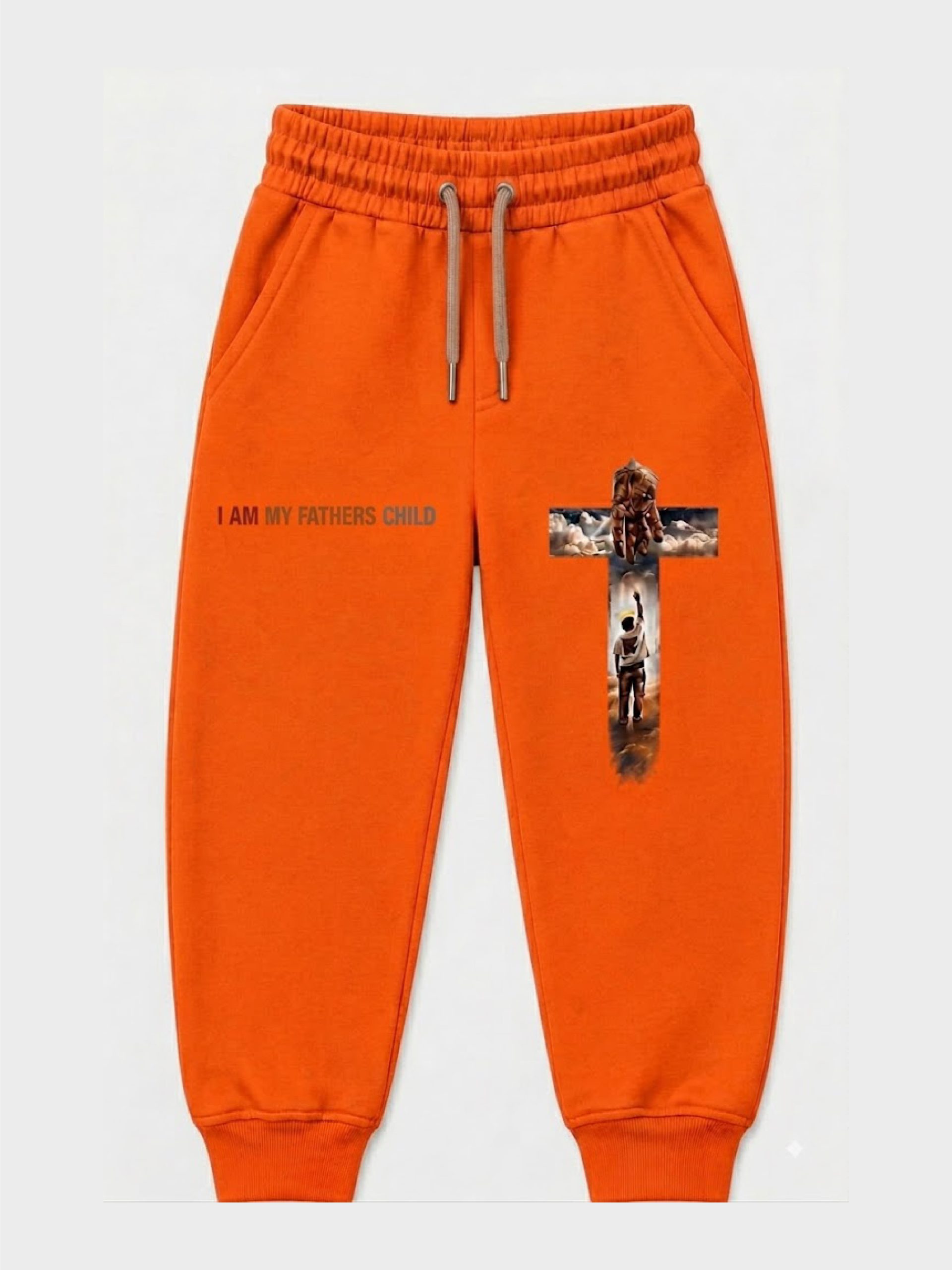 “I Am My Father's Child” Oversized Jogger Sweatpants — Light Apricot Graphic Fleece Joggers 320 GSM - Image 2