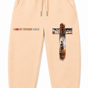 “I Am My Father's Child” Oversized Jogger Sweatpants — Light Apricot Graphic Fleece Joggers