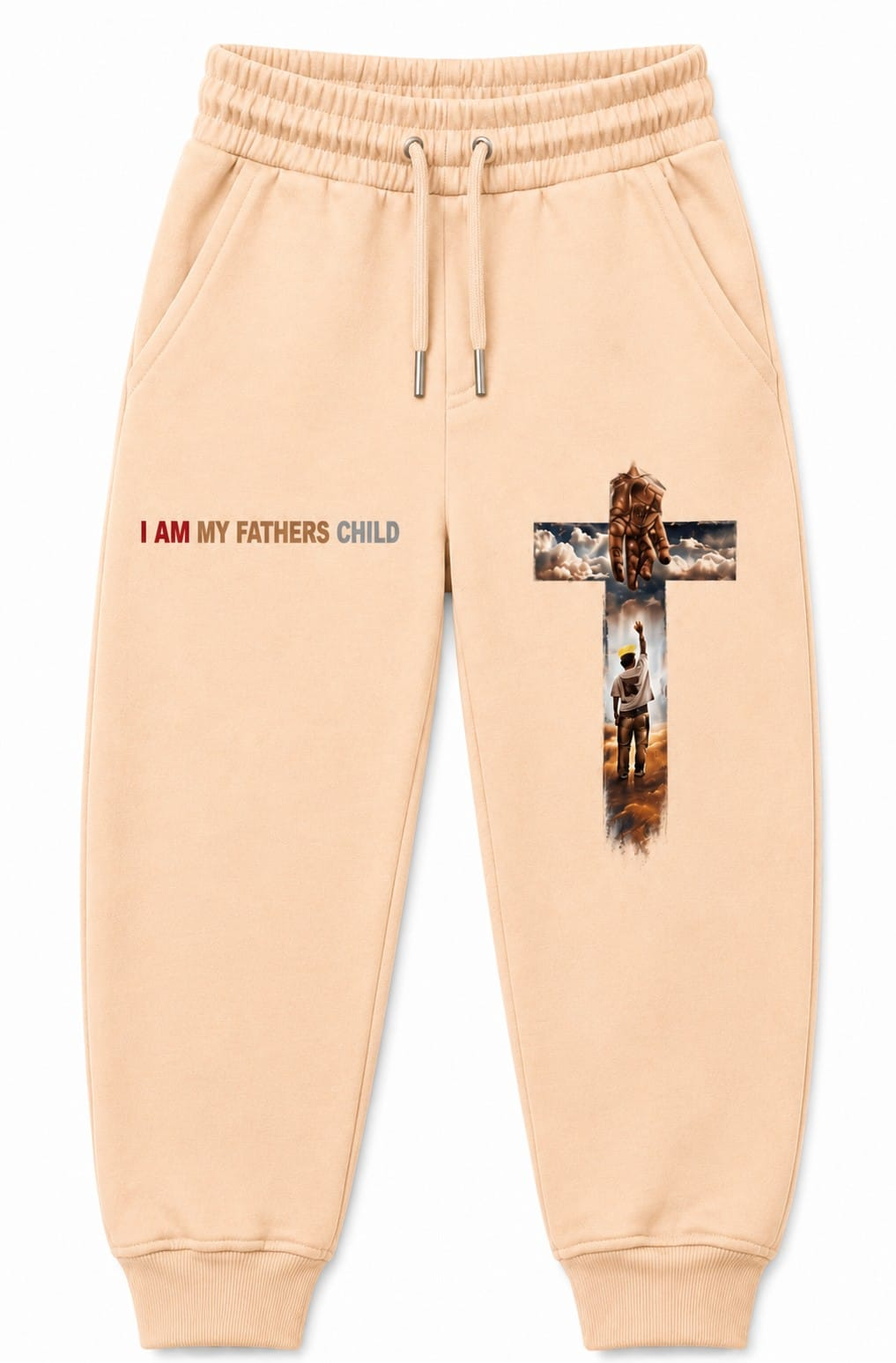 “I Am My Father's Child” Oversized Jogger Sweatpants — Light Apricot Graphic Fleece Joggers